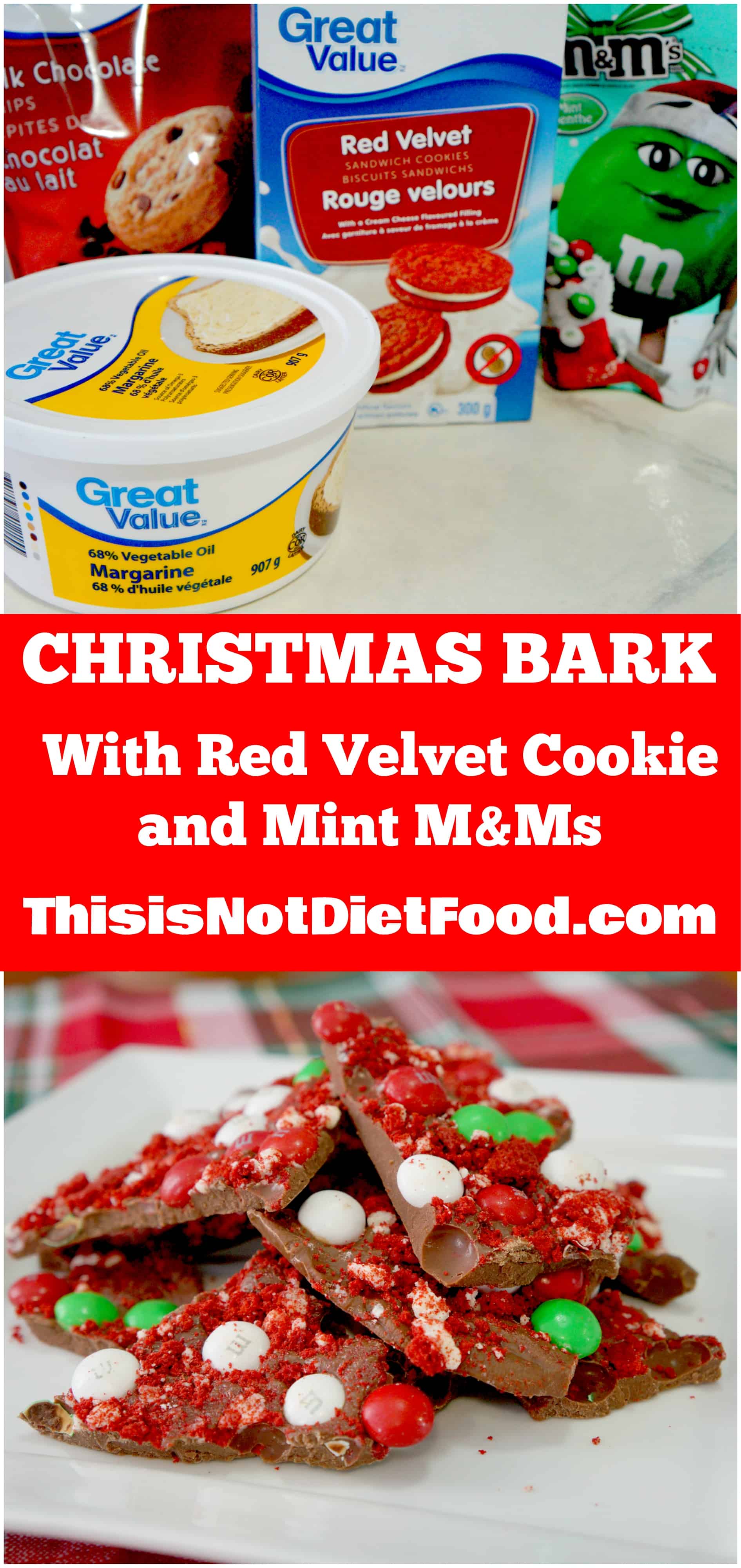 Christmas Bark with Red Velvet Cookie and Mint M&Ms.