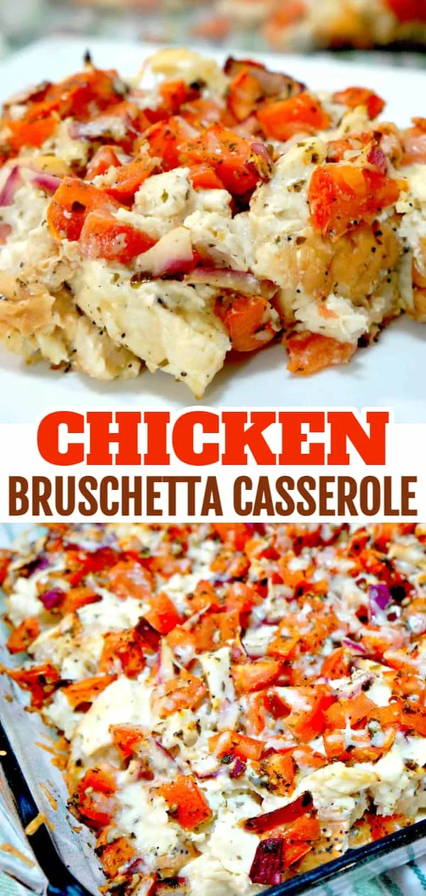 Chicken Bruschetta Casserole is loaded with everything bagels, cream cheese, tomato bruschetta and chicken chunks.