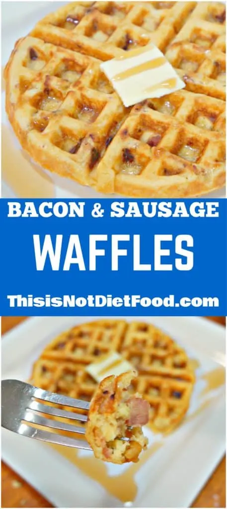 Bacon & Sausage Waffles. Easy breakfast recipe using boxed pancake and waffle mix.