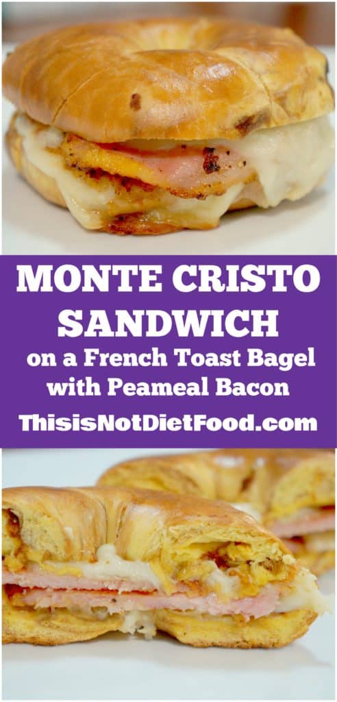 Monte Cristo Sandwich with Peameal Bacon. Breakfast sandwich on a french toast bagel.