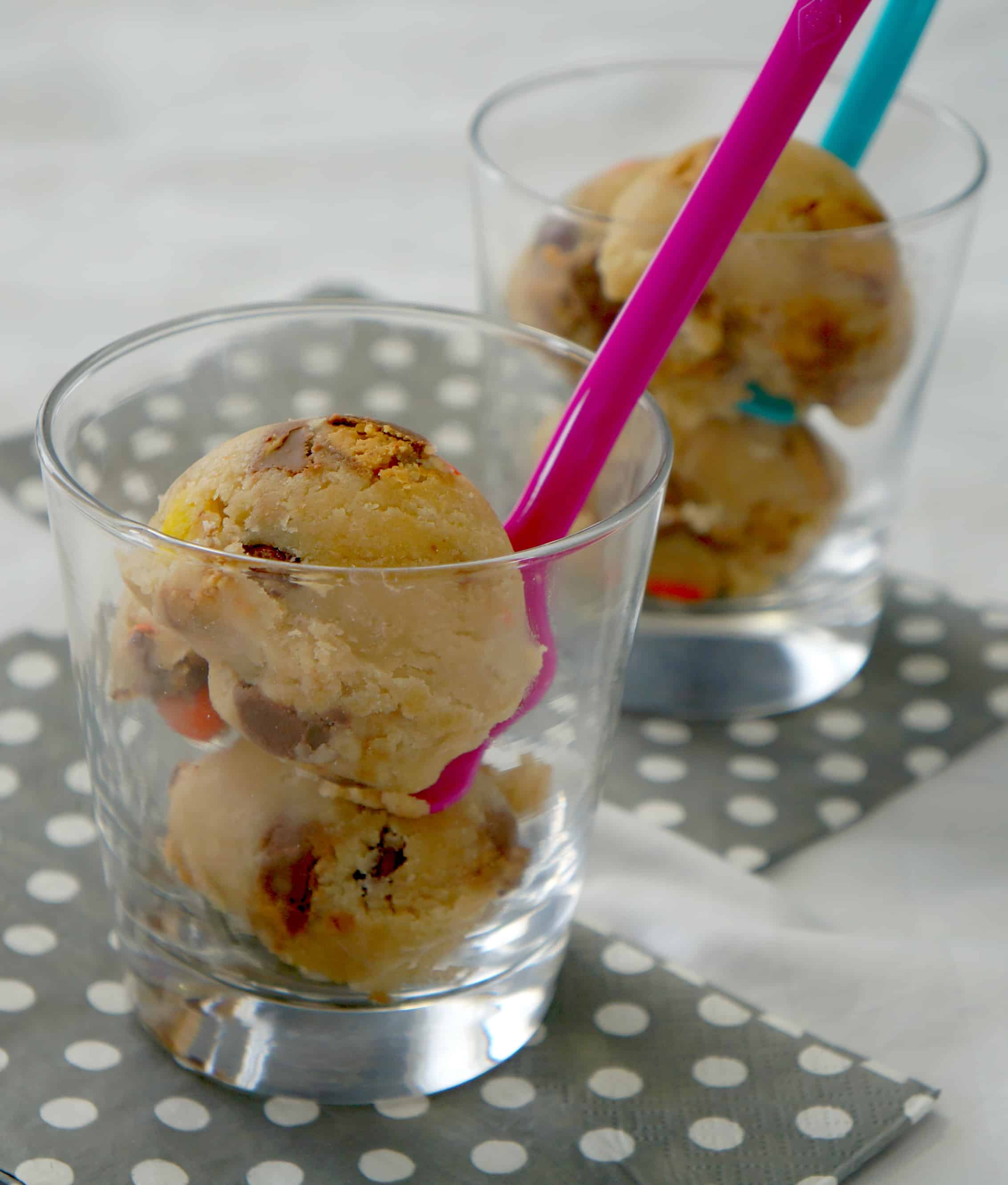 Edible Cookie Dough with Peanut Butter Cups. Eggless cookie dough with Reese's Pieces and Peanut Butter Cups. Dessert Recipe.