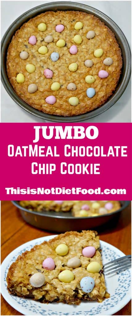 Jumbo Oatmeal Chocolate Chip Cookie. Giant cookie with mini eggs. Great Easter dessert.