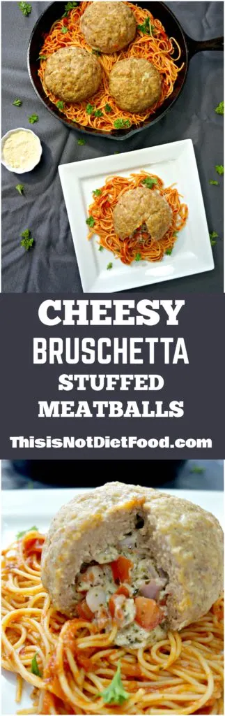 Cheesy Bruschetta Stuffed Meatballs are giant pork meatballs stuffed with cheese and bruschetta.