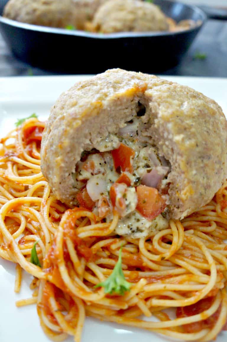 Cheesy Bruschetta Stuffed Meatballs