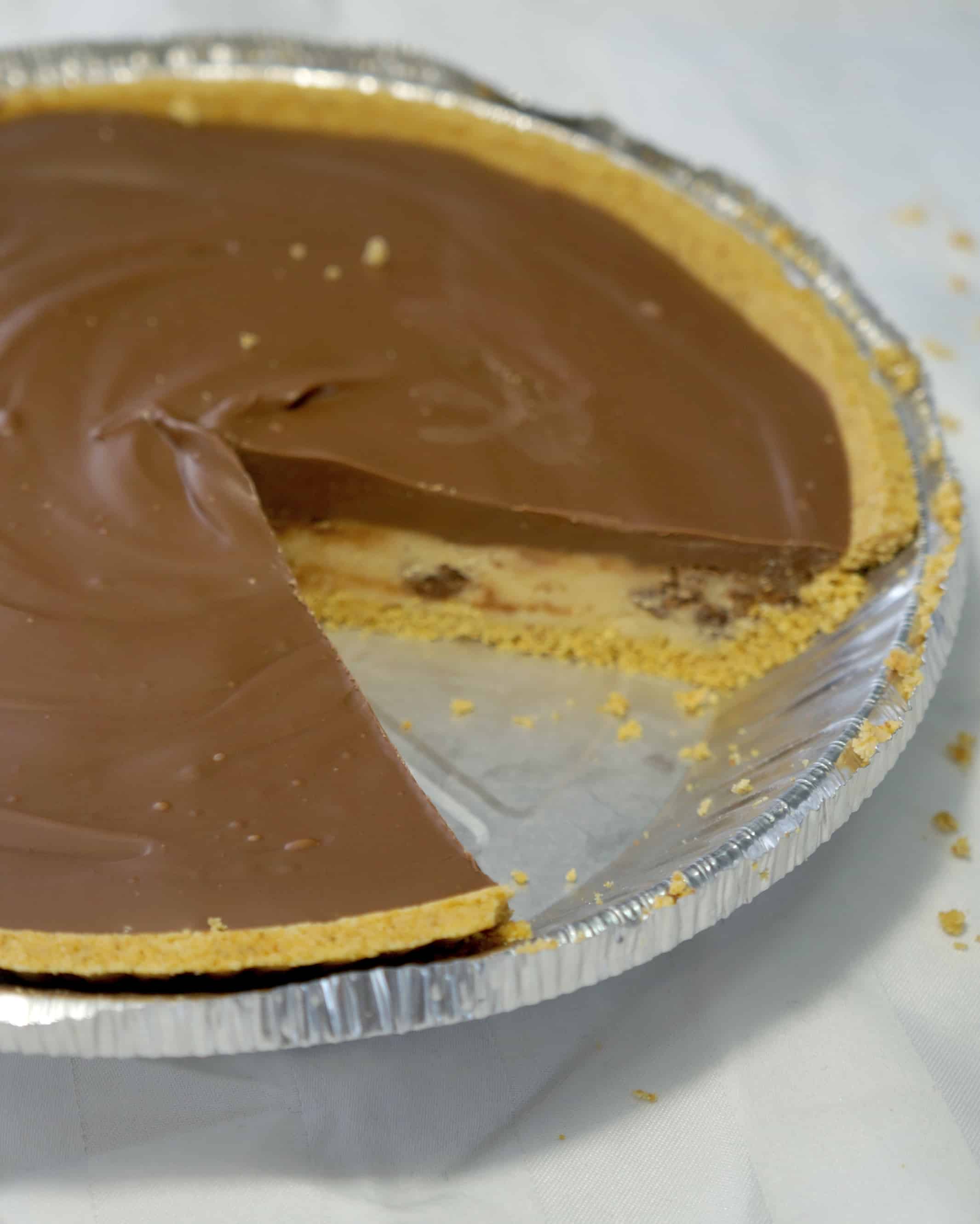 Chocolate Chip Cookie Dough Pie. Edible cookie dough in a graham cracker crust topped with milk chocolate. Easy no bake dessert.