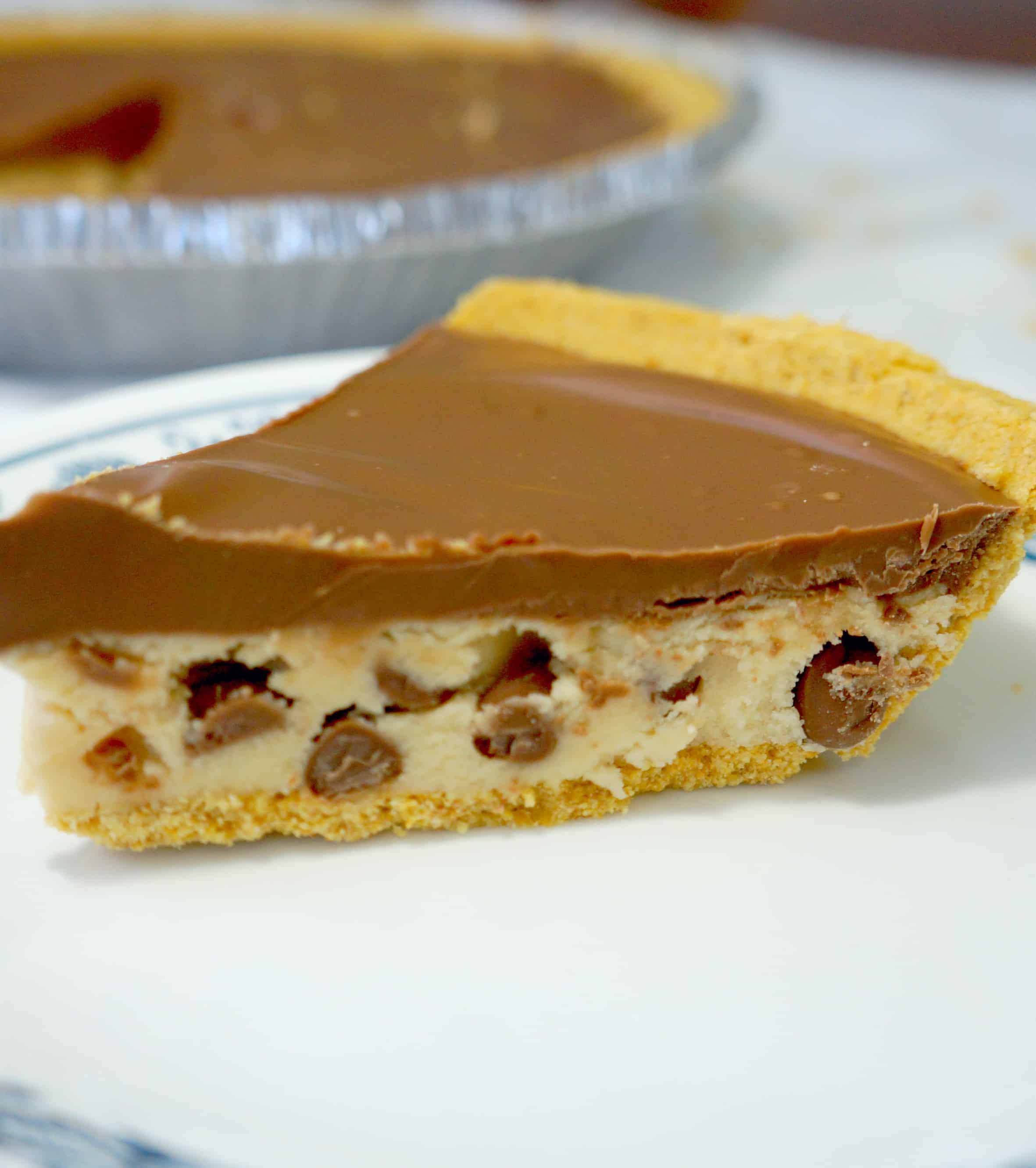 Chocolate Chip Cookie Dough Pie. Edible cookie dough in a graham cracker crust topped with milk chocolate. Easy no bake dessert.