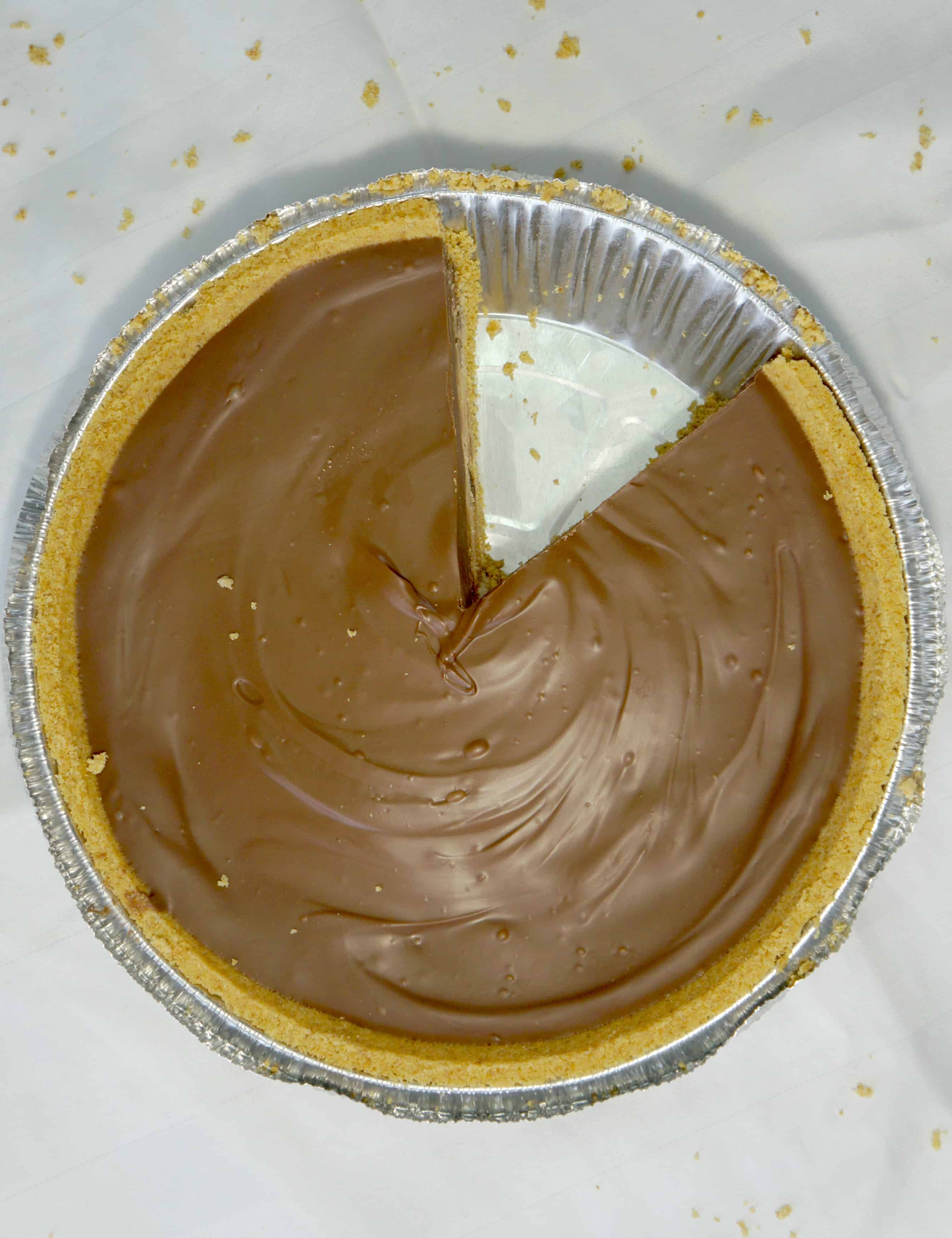 Chocolate Chip Cookie Dough Pie. Edible cookie dough in a graham cracker crust topped with milk chocolate. Easy no bake dessert.