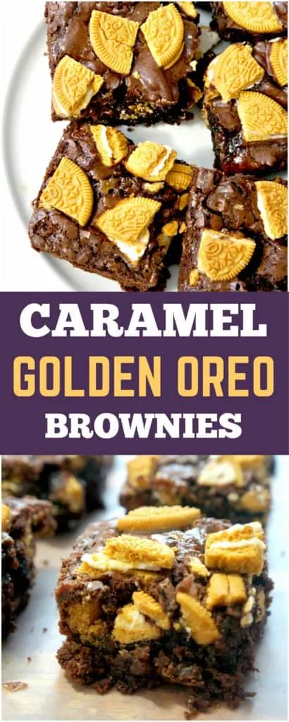 Caramel Golden Oreo Brownies. Easy dessert recipe using boxed brownie mix.