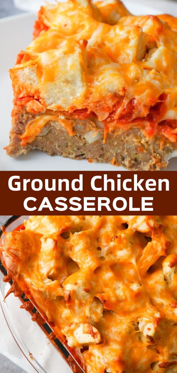 Easy Ground Chicken Casserole is a hearty ground chicken recipe topped with marinara sauce, garlic bagel chunks and shredded cheese.