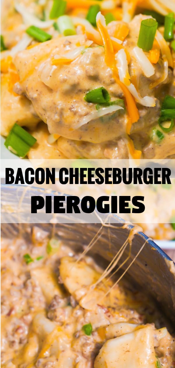 Bacon Cheeseburger Pierogies are an easy ground beef dinner recipe using store bought pierogies tossed in a cheesy sauce.