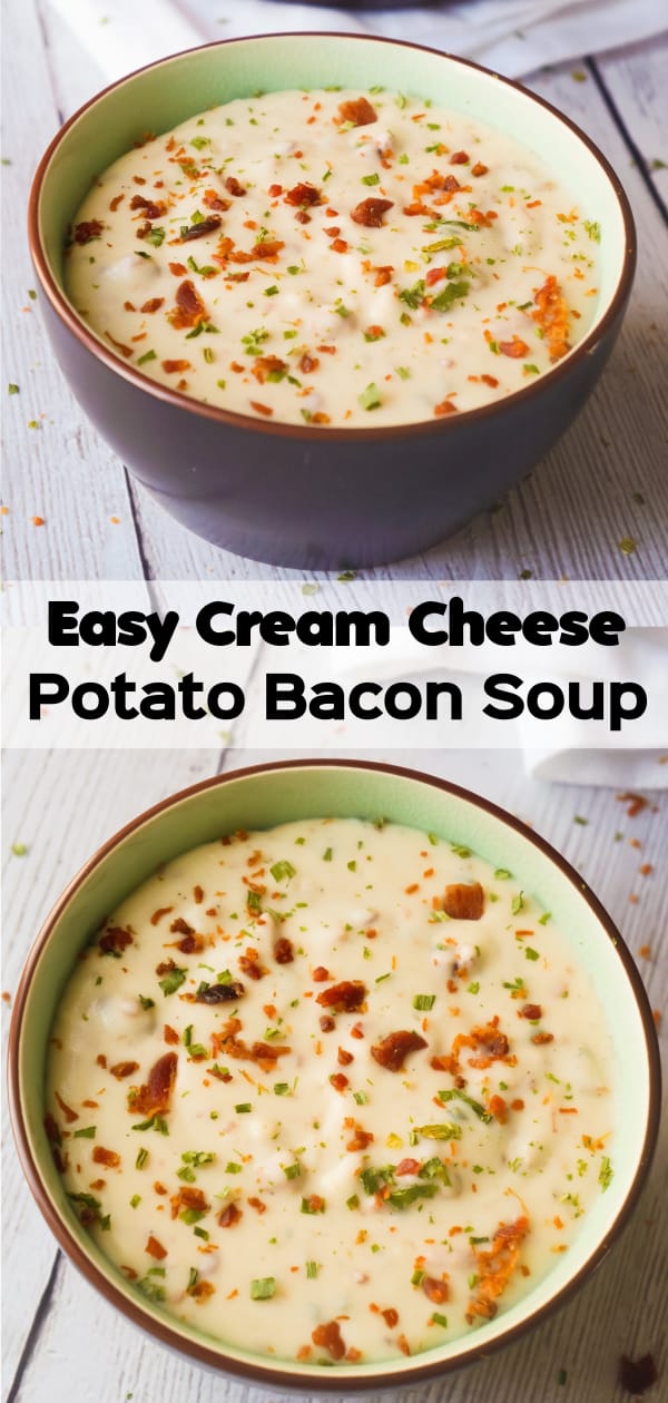 Easy Cream Cheese Potato Bacon Soup is a hearty soup recipe perfect for cold weather. This thick, creamy potato soup with cream cheese can be whipped up in just 20 minutes.