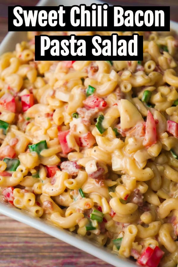 Sweet Chili Bacon Pasta Salad is an easy macaroni salad recipe loaded with bacon, chopped green onions, diced red peppers and slivered almonds all tossed in mayo and Thai sweet chili sauce.