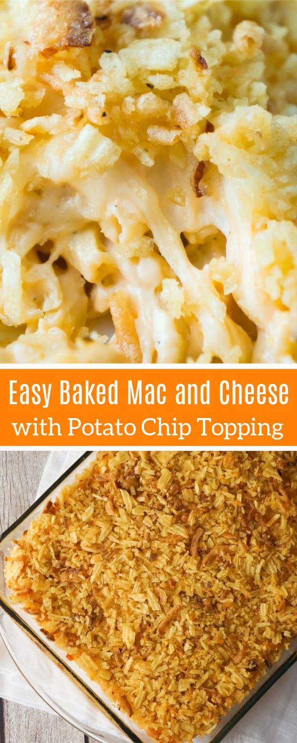 Baked Mac and Cheese with Potato Chip Topping can be either an easy dinner recipe or side dish recipe. This creamy macaroni and cheese is loaded with cheddar cheese, mozzarella and cream cheese, and topped with rippled potato chips and French's fried onions.