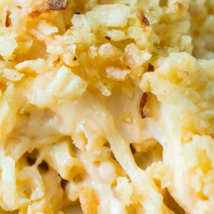 Baked Mac and Cheese with Potato Chip Topping can be either an easy dinner recipe or side dish recipe. This creamy macaroni and cheese is loaded with cheddar cheese, mozzarella and cream cheese, and topped with rippled potato chips and French's fried onions.