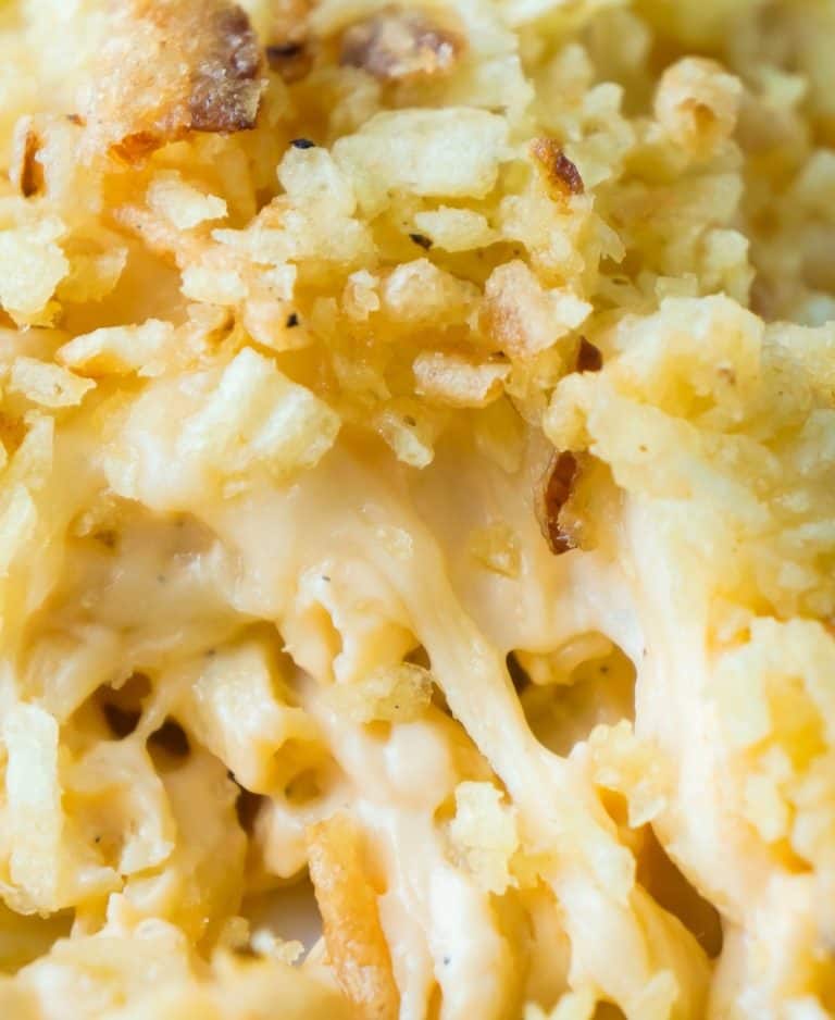 Baked Mac and Cheese with Potato Chip Topping can be either an easy dinner recipe or side dish recipe. This creamy macaroni and cheese is loaded with cheddar cheese, mozzarella and cream cheese, and topped with rippled potato chips and French's fried onions.