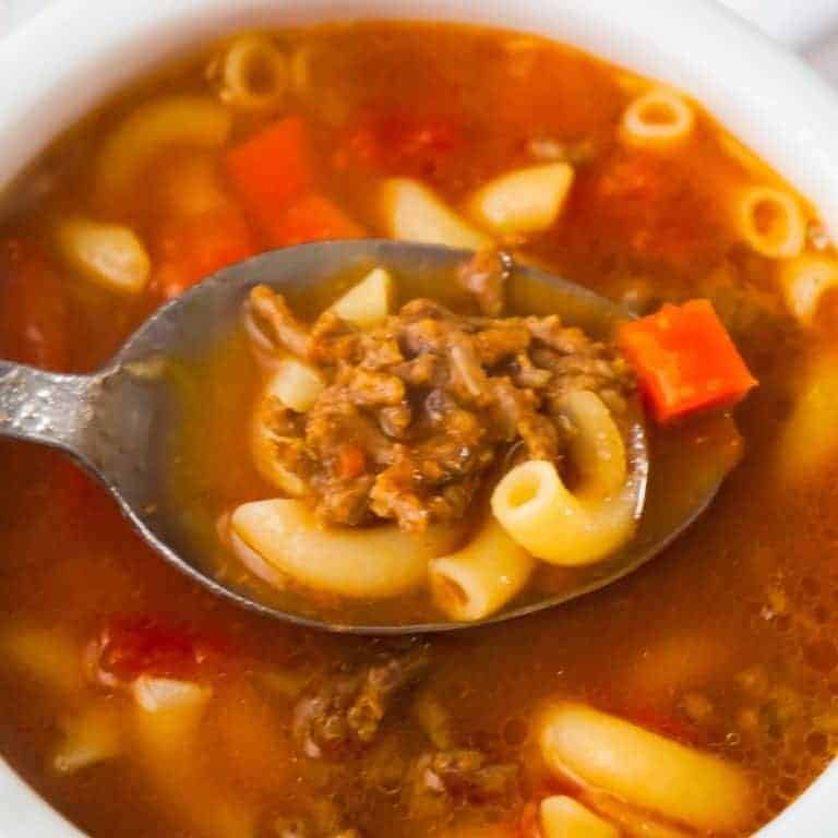 Spoonful of easy hamburger soup with macaroni