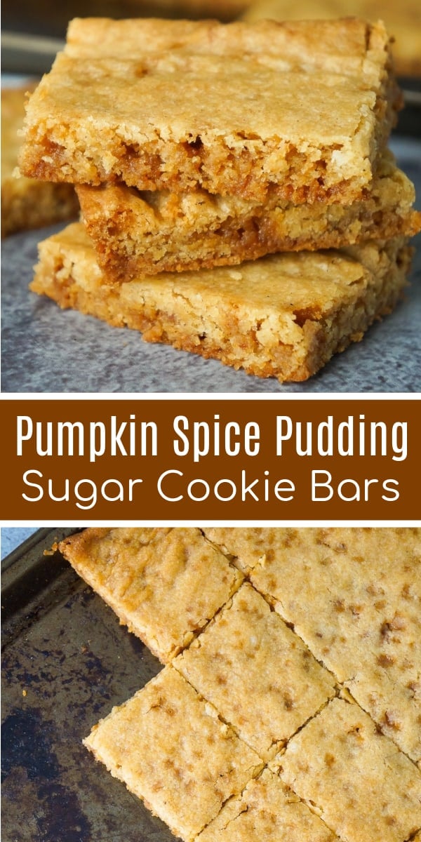 Pumpkin Spice Pudding Sugar Cookie Bars are an easy fall dessert recipe. These simple sugar cookie bars are made with Betty Crocker sugar cookie mix, pumpkin pie spice and toffee bits.