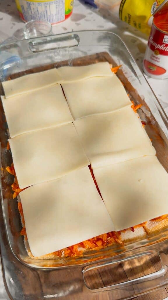 mozzarella cheese slices on grilled cheese casserole