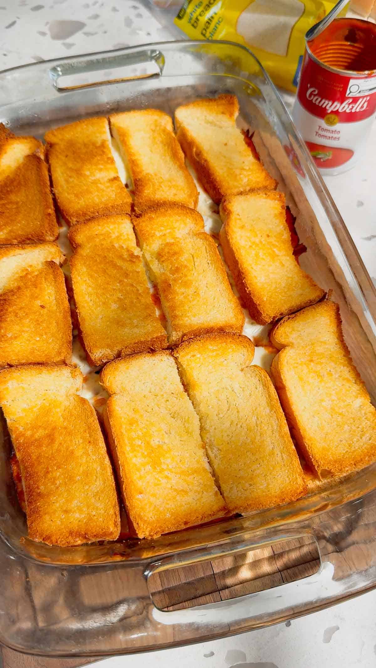 baked grilled cheese casserole in a casserole dish