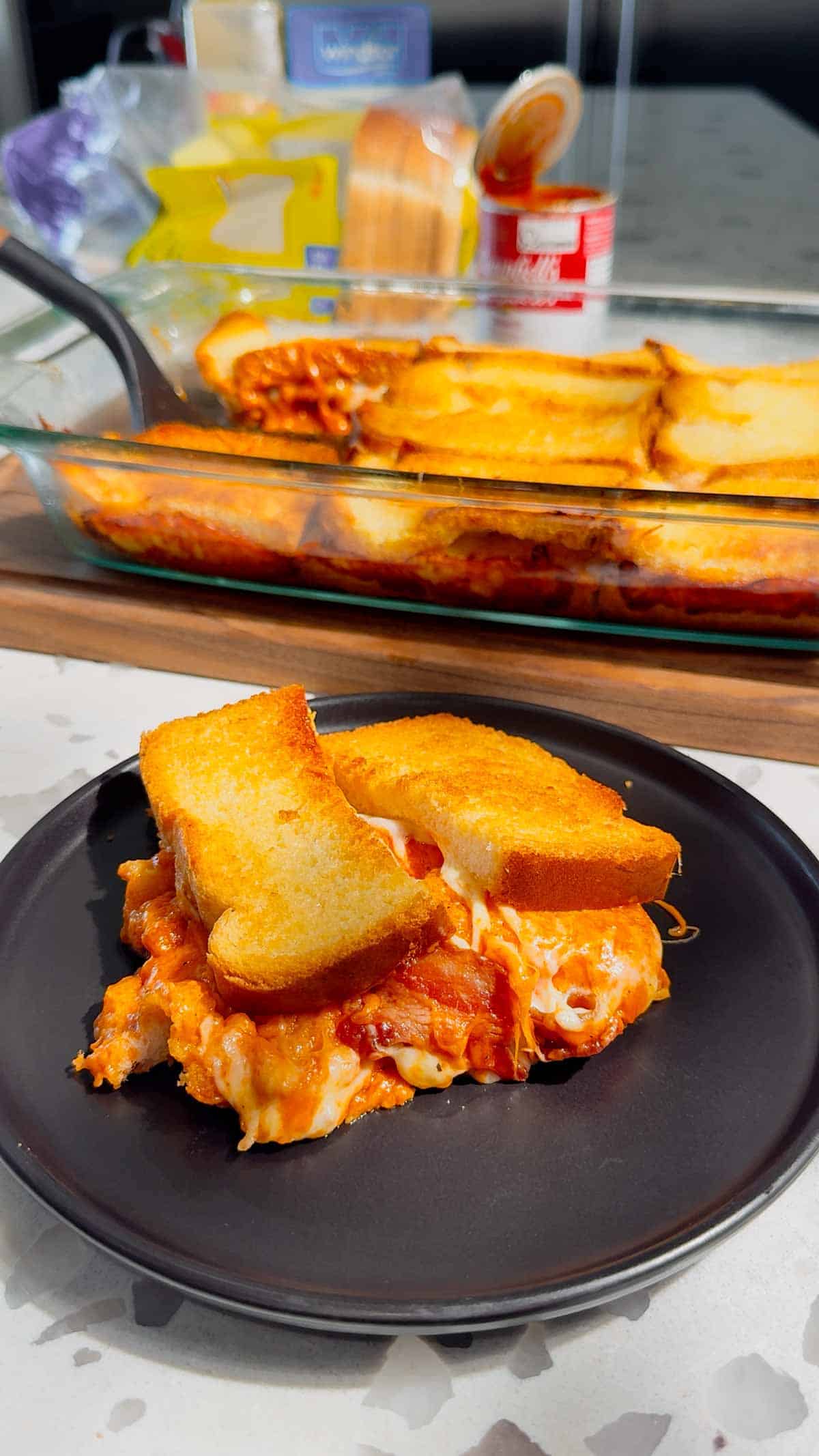 tomato soup grilled cheese casserole on a plate