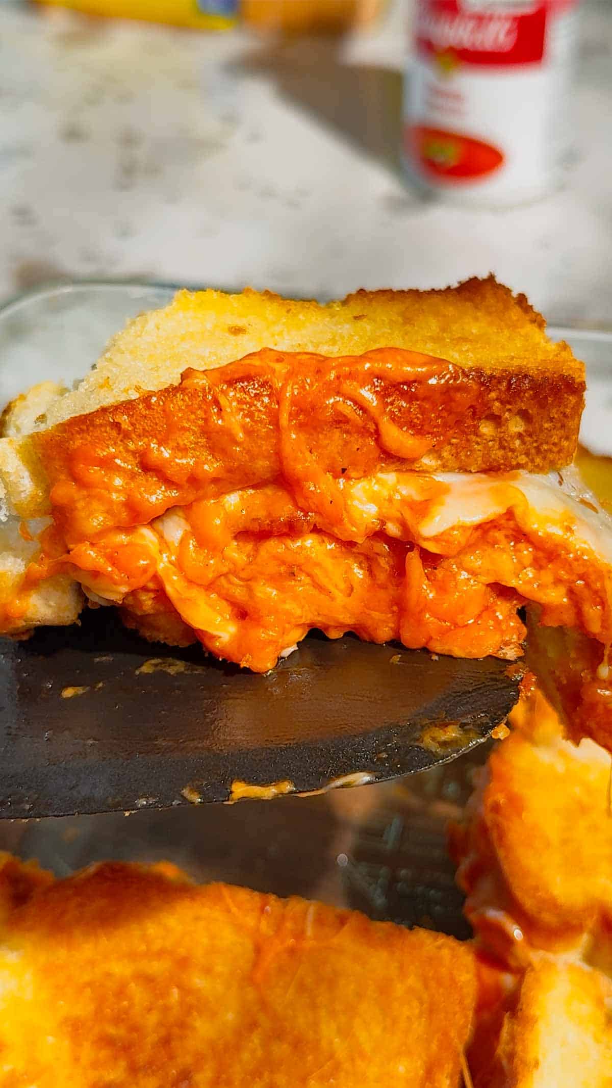 slice of tomato soup and bacon grilled cheese casserole
