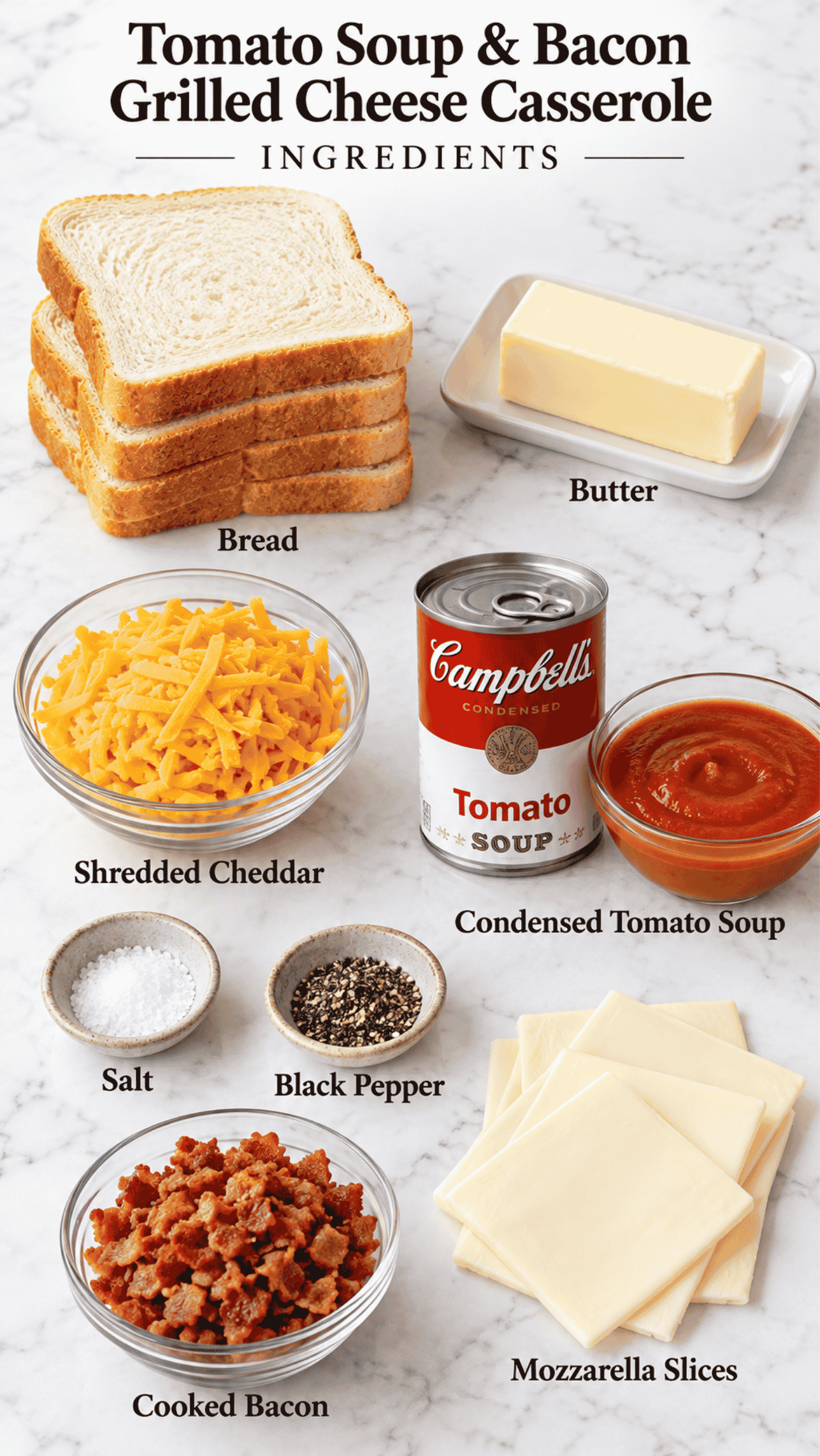 tomato soup and bacon grilled cheese casserole ingredients on the kitchen counter