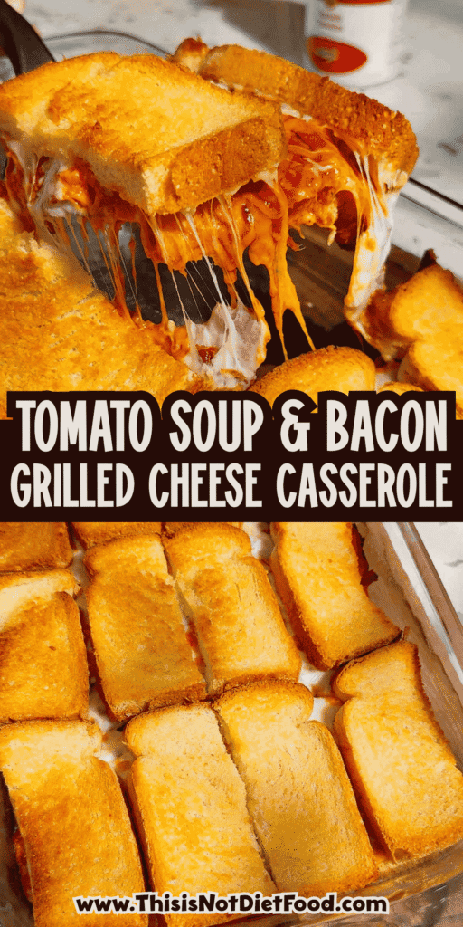Tomato Soup & Bacon Grilled Cheese Casserole combines two comfort food favorites in one easy family dinner! This cheesy baked sandwich casserole layers buttery bread with shredded cheddar cheese, condensed tomato soup, crispy bacon and melty mozzarella for a golden, gooey meal everyone will want seconds of. With just 10 minutes of prep, this easy casserole recipe is perfect for busy weeknight dinners, weekend lunches or feeding hungry kids. If you love grilled cheese and tomato soup, bacon grilled cheese sandwiches or simple comfort food recipes, save this delicious twist for your meal plan. Made with everyday ingredients in a 9x13 baking dish, this grilled cheese casserole serves six and brings big flavor with very little effort!