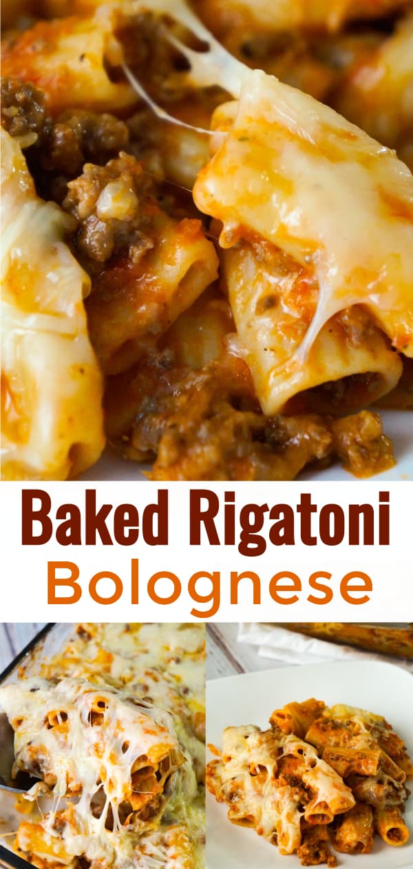 Baked Rigatoni Bolognese is an easy pasta dinner recipe loaded with cheese. This pasta with ground beef and marinara sauce, is topped with Mozzarella and Parmesan cheese.