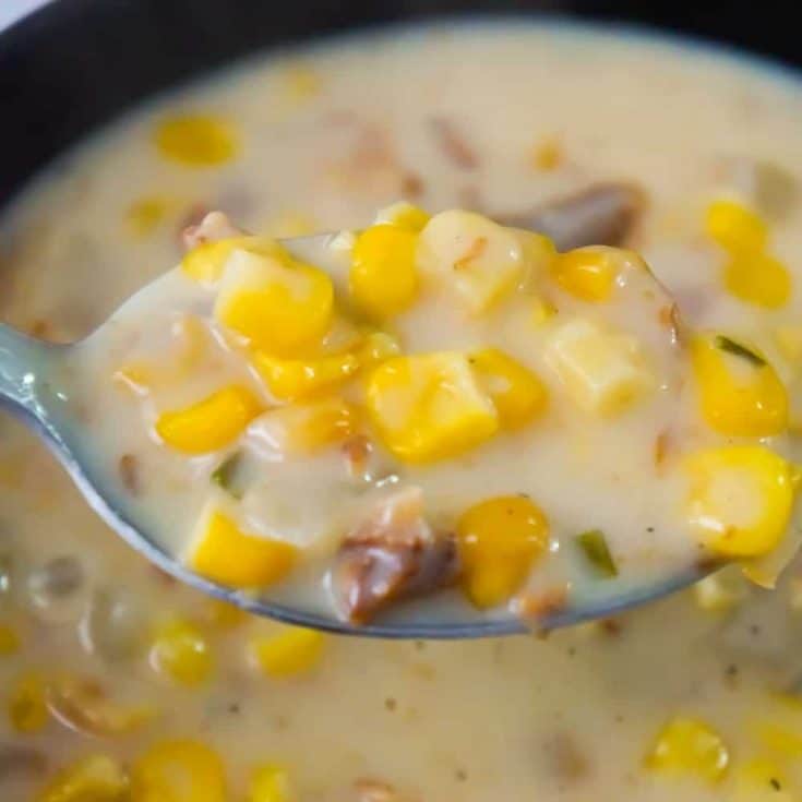 Easy Corn Chowder with Bacon is a hearty soup recipe perfect for cold weather. This creamy soup is loaded with corn and real bacon bits.