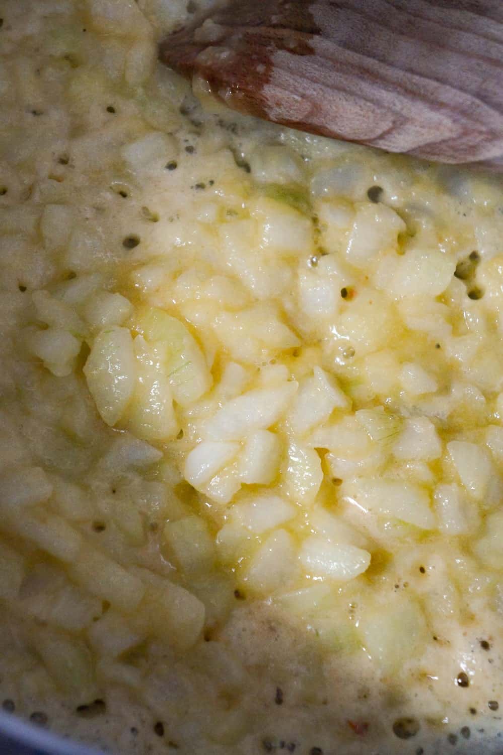 flour, butter and diced onions cooking in soup pot