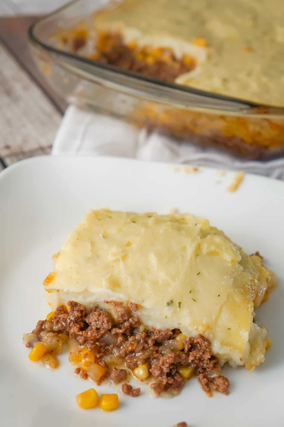 The Best Shepherd's Pie is an easy ground beef dinner recipe. A base of ground beef tossed in brown gravy is topped with corn and creamy mashed potatoes.