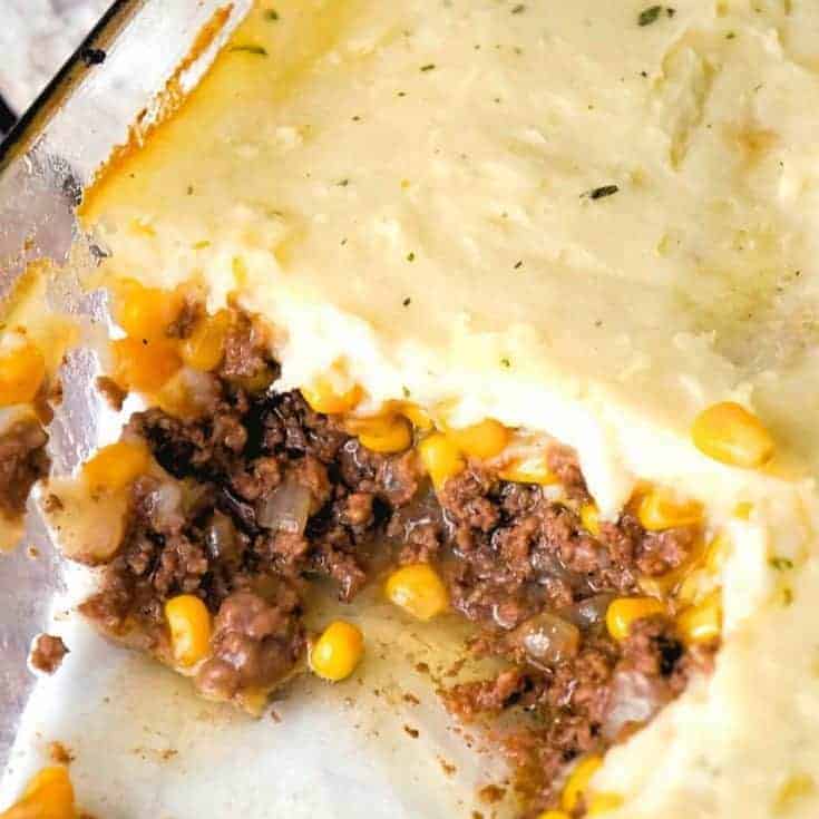 The Best Shepherd's Pie is an easy ground beef dinner recipe. A base of ground beef tossed in brown gravy is topped with corn and creamy mashed potatoes.