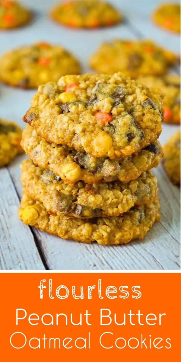 Flourless Peanut Butter Oatmeal Cookies with Chocolate Chunks and Reese's Pieces.