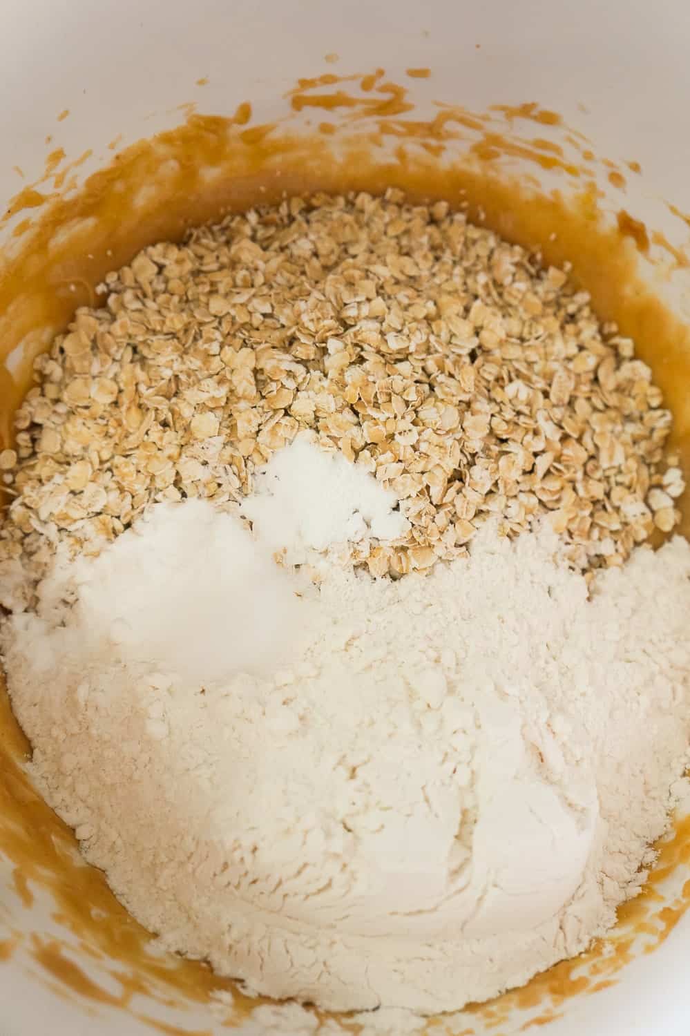 quick oats and flour in a mixing bowl