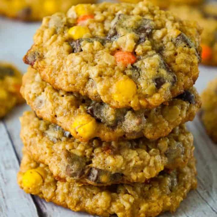 Peanut Butter Oatmeal Cookies with Chocolate Chunks are the perfect dessert recipe for peanut butter lovers. These oatmeal cookies are loaded with mini Reese's Pieces, milk chocolate chips and chocolate chunks.