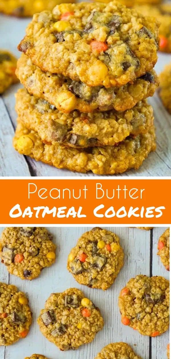 Peanut Butter Oatmeal Cookies with Chocolate Chunks are the perfect dessert recipe for peanut butter lovers. These oatmeal cookies are loaded with mini Reese's Pieces, milk chocolate chips and chocolate chunks. 