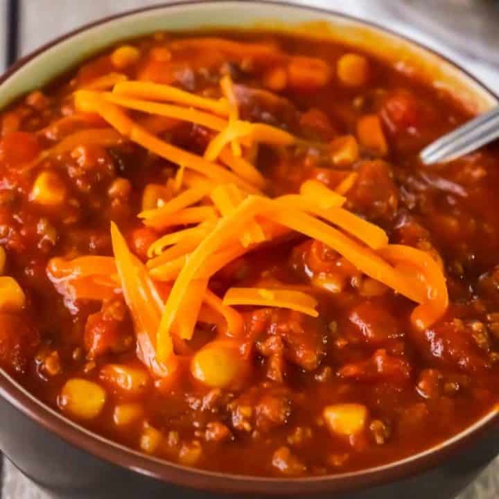 Easy No Bean Chili is a hearty comfort food dish loaded with ground beef and hot Italian sausage meat. This bean free chili, made with chunky salsa and canned corn, packs just the right amount of heat.