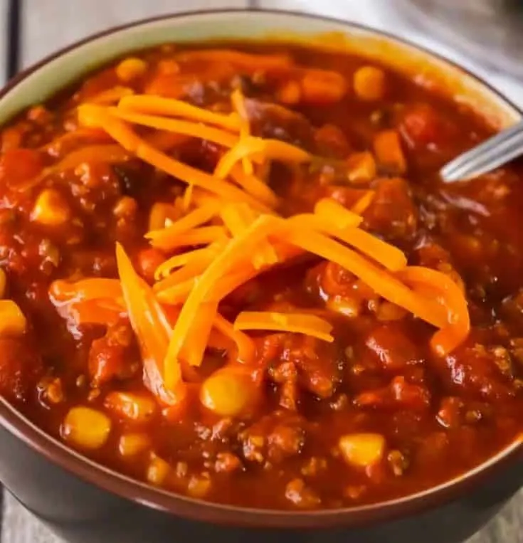 Easy No Bean Chili is a hearty comfort food dish loaded with ground beef and hot Italian sausage meat. This bean free chili, made with chunky salsa and canned corn, packs just the right amount of heat.