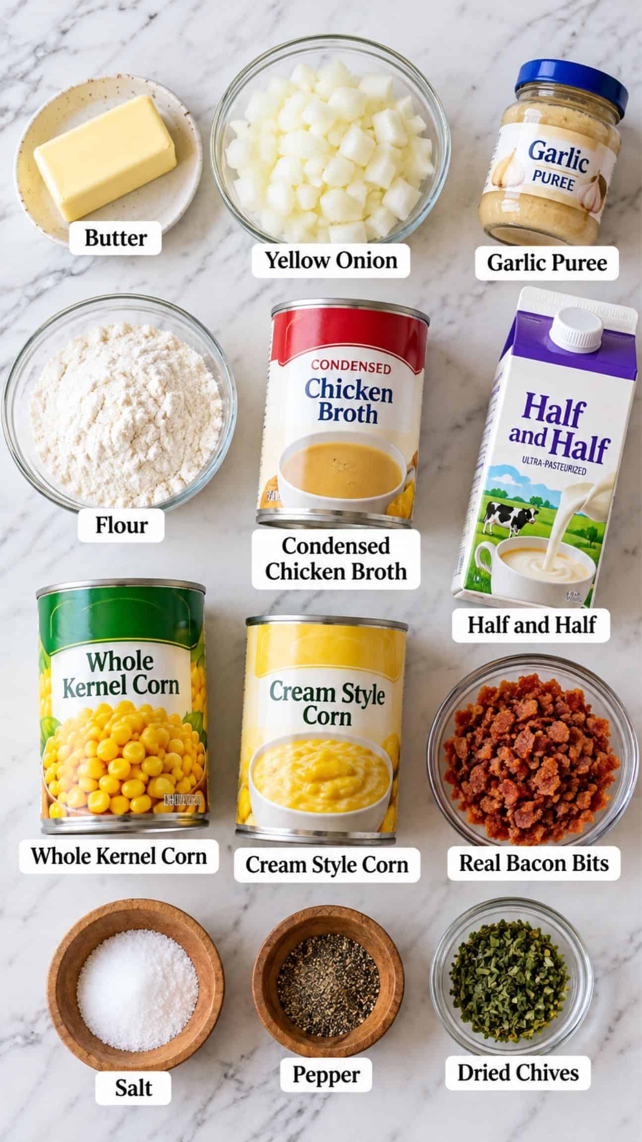 easy corn chowder with bacon ingredients on the kitchen counter