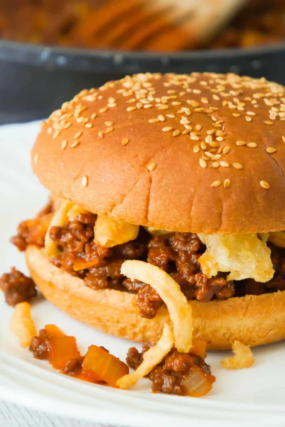 Easy Homemade Sloppy Joes are a simple weeknight dinner recipe your whole family will love. These sandwiches are loaded with ground beef tossed in a sweet tomato sauce and topped with French's fried onions.