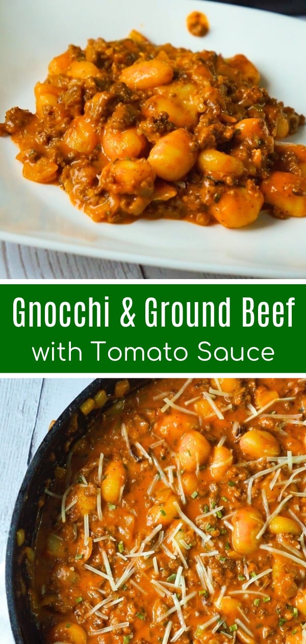 Gnocchi and Ground Beef with Tomato Sauce is an easy weeknight dinner recipe that takes less than 30 minutes from start to finish. These delicious mini potato dumpling are tossed in a sauce made from condensed tomato soup, along with some ground beef and real bacon bits.