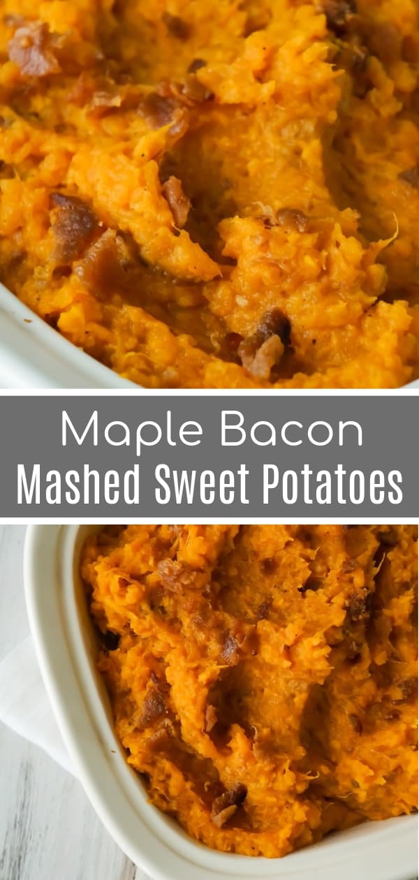 Maple Bacon Mashed Sweet Potatoes are an easy side dish recipe perfect for Thanksgiving. These mashed sweet potatoes are made with maple syrup and real bacon bits.