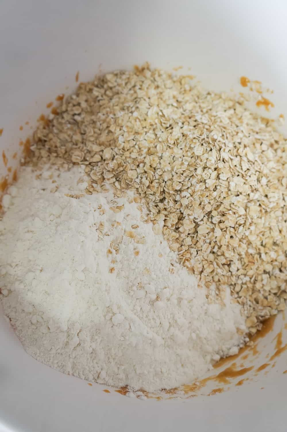 cake mix and quick oats in a mixing bowl