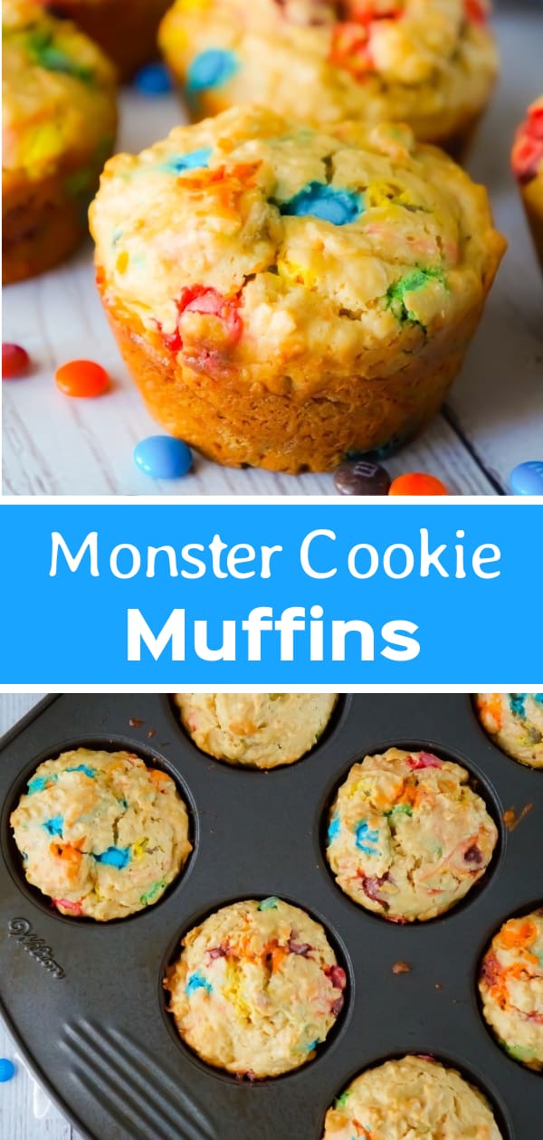 Monster Cookie Muffins are an easy breakfast or snack recipe made with cake mix. The peanut butter oatmeal muffins are loaded with mini M&Ms.