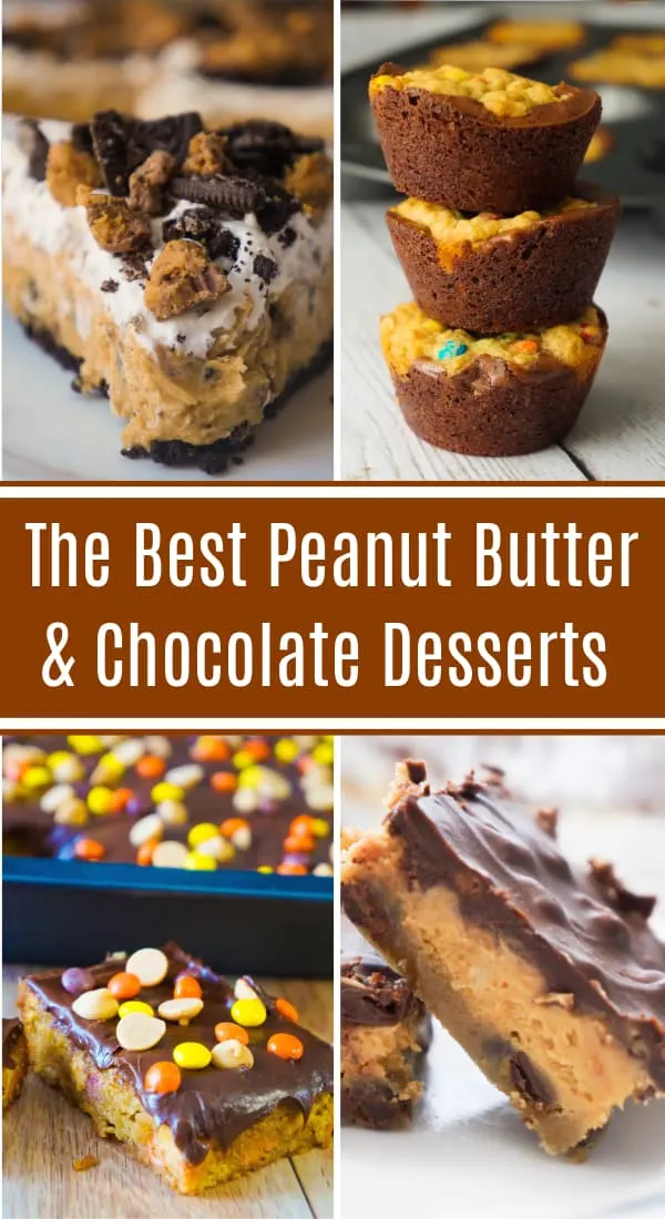 The Best Chocolate Peanut Butter Desserts. No bake peanut butter cheesecake, monster cookie cups, peanut butter rice krispie treats, peanut butter brownies and peanut butter cookies.