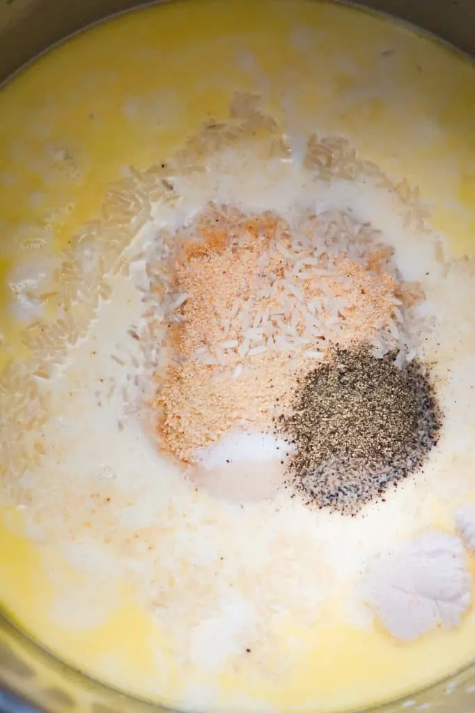 rice, garlic powder, alt and pepper in a creamy liquid in an Instant Pot