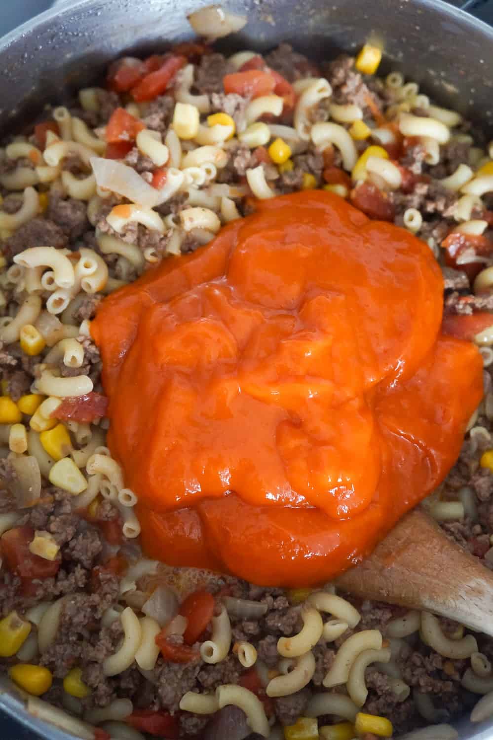 condensed tomato soup dumped on top of beef goulash