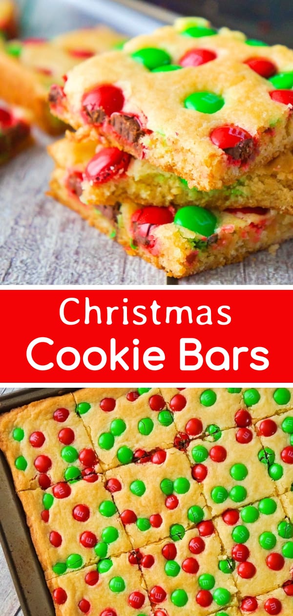 Christmas Cookie Bars are an easy holiday dessert recipe. These vanilla pudding sugar cookie bars are loaded with red and green M&M's.