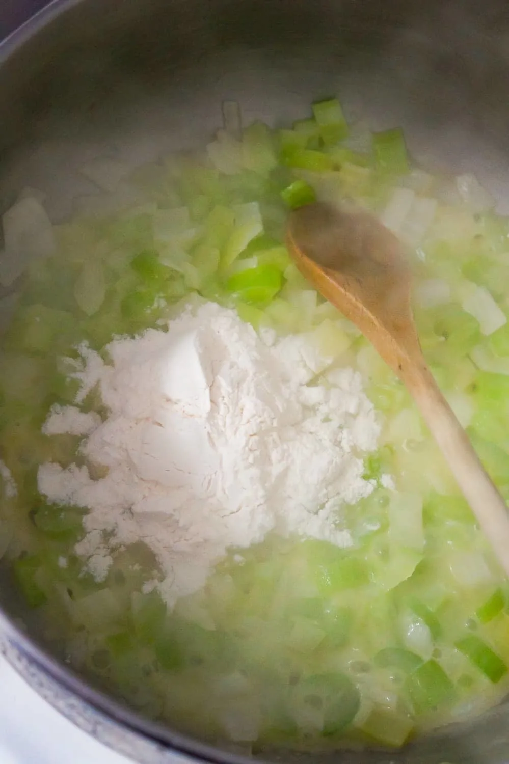 all purpose flour added to cooking diced onions and diced celery