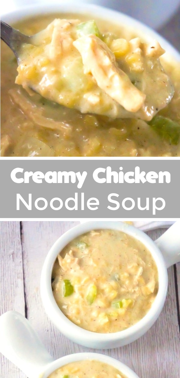Creamy Chicken Noodle Soup is a hearty comfort food dish perfect for cold weather. This easy soup recipe is loaded with rotisserie chicken and alphabet noodles.
